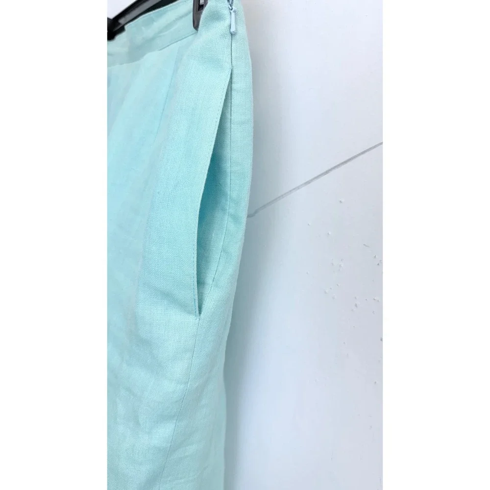 Talbots Vintage 100% Irish Linen‎ 2 Piece Pant Suit Light Blue Zip Jacket Size 8